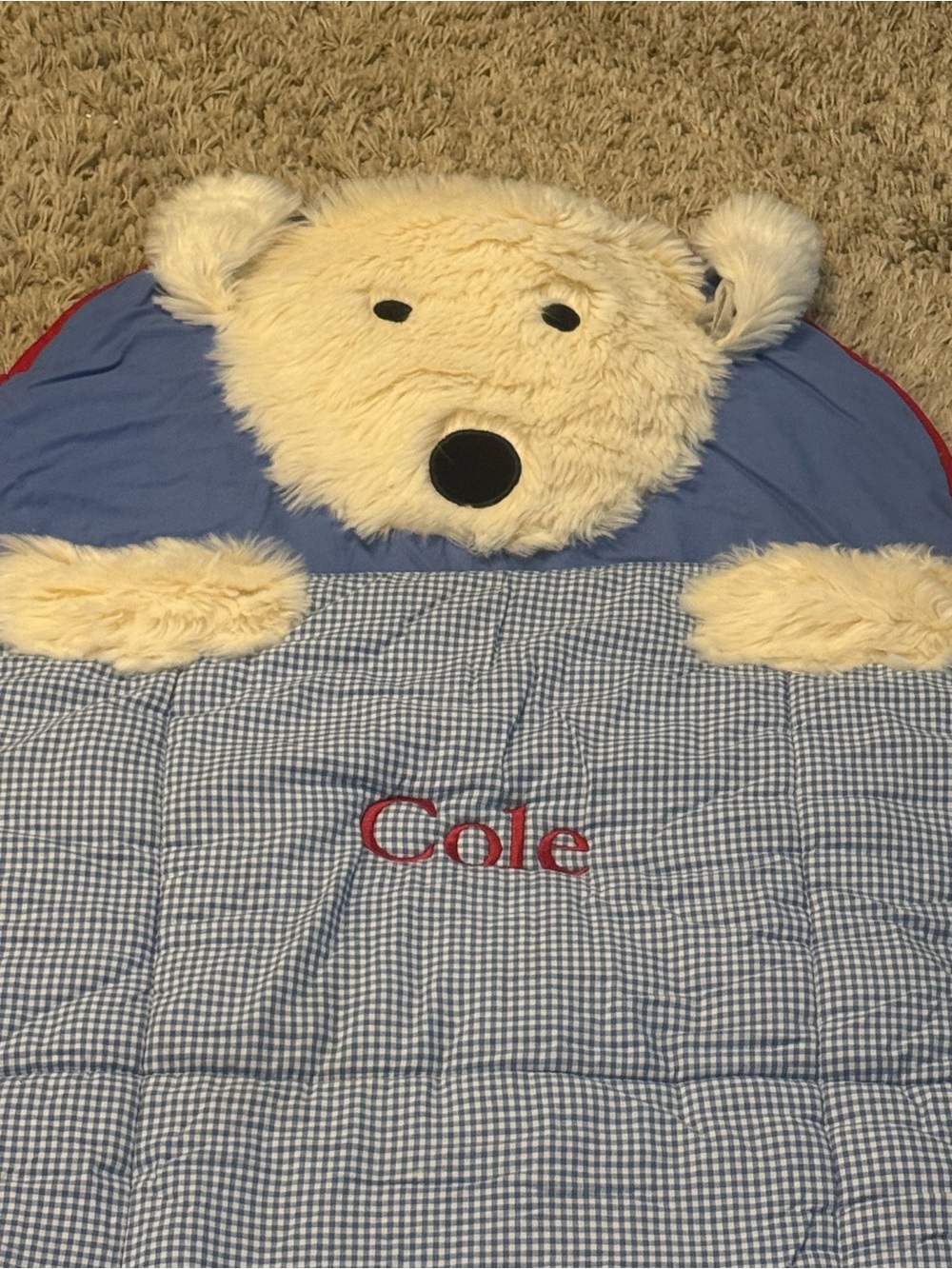 Children's Blue Bear Sleeping Bag with Red Trim - Picture 2 of 3